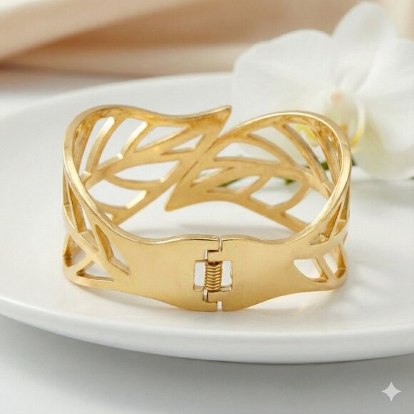 Gold Leaf Cuff Hinged Bracelet | 18K Gold Plated Stainless Steel | Sparkling - Picture 9 of 11